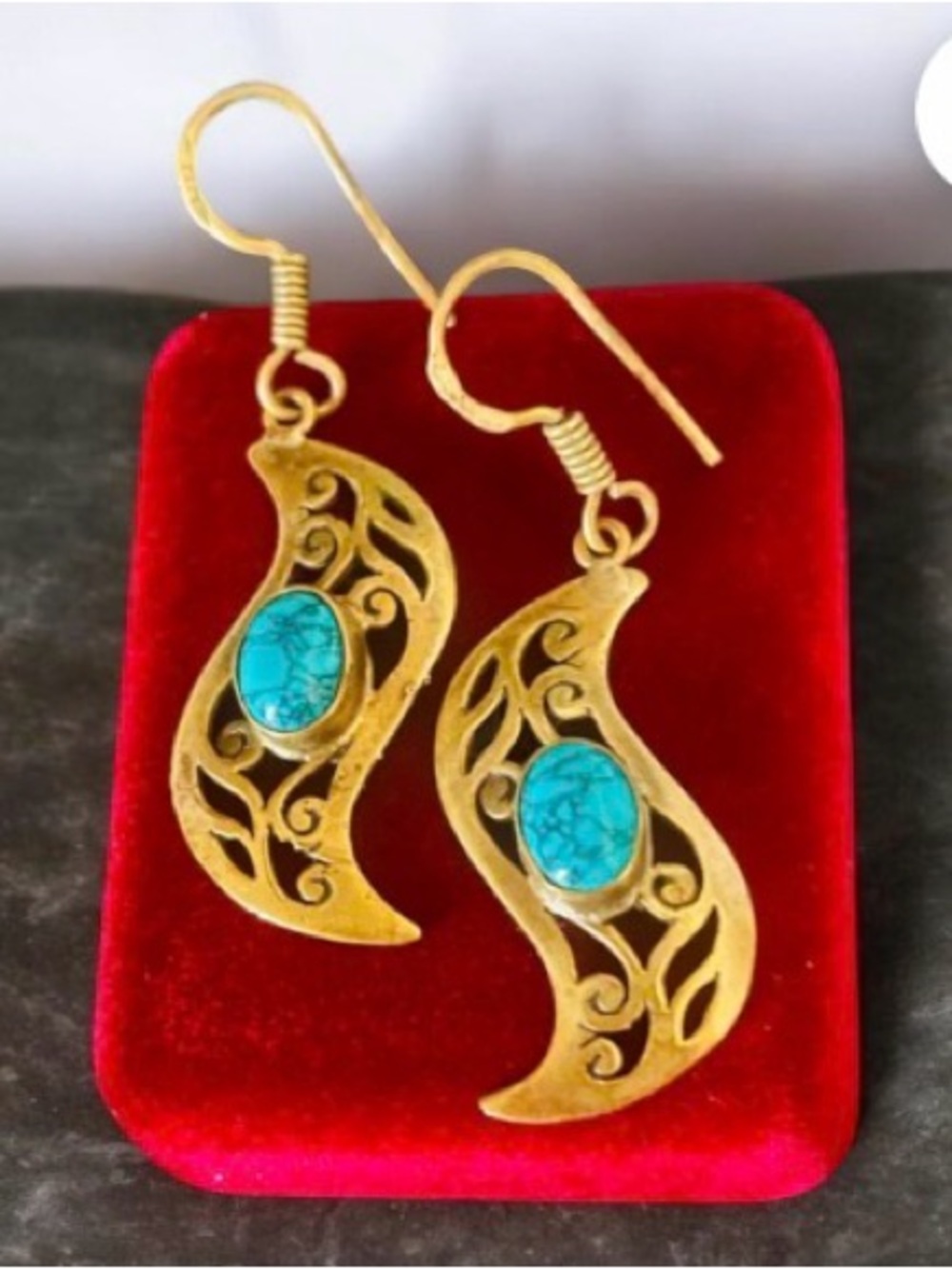 Vintage Boho Brass and Turquoise Earrings - Picture 1 of 15
